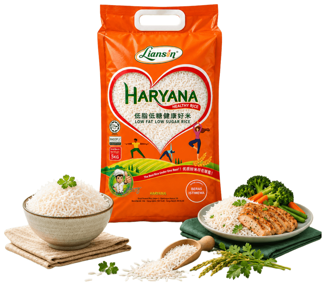 Liansin Haryana long-grain healthy rice with a plated meal